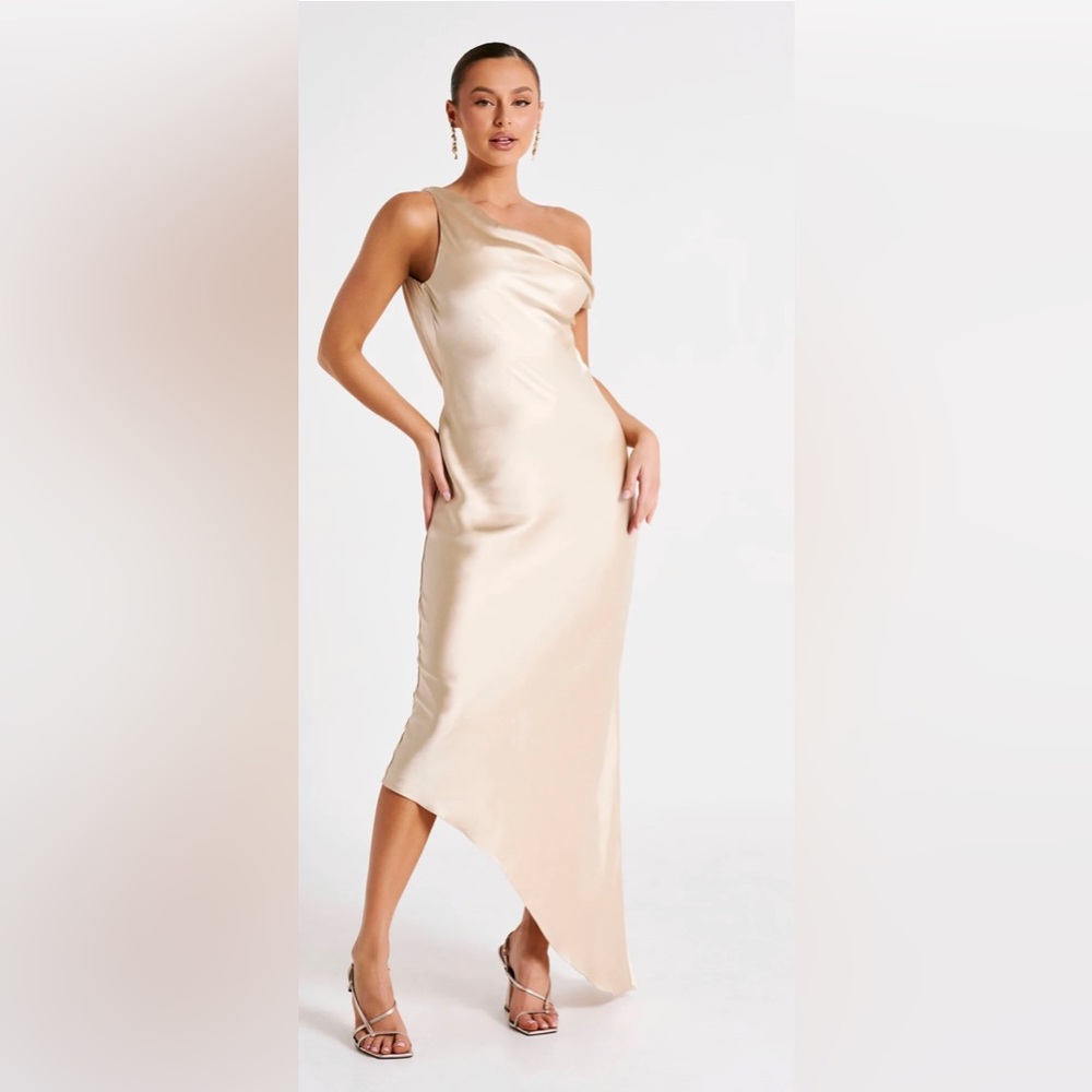 Meshki asymmetrical champagne dress.